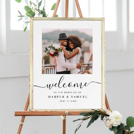 Póster Bienvenida de boda con foto y caligrafía negra ele