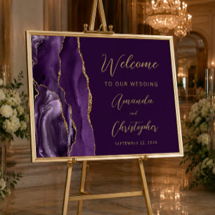 Póster Bienvenida de boda con guión dorado de ágata púrpu