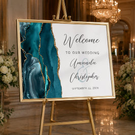 Póster Bienvenida de boda con guión dorado y ágata azul t