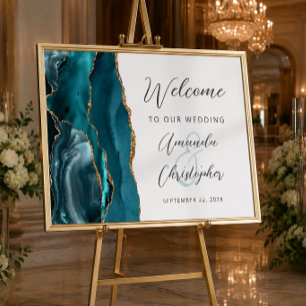 Póster Bienvenida de boda con guión dorado y ágata azul t