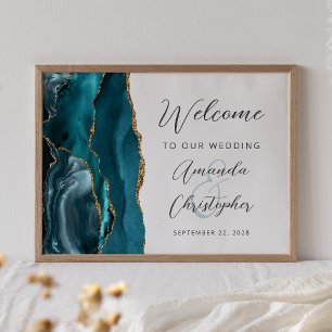 Póster Bienvenida de boda con guión dorado y ágata azul t