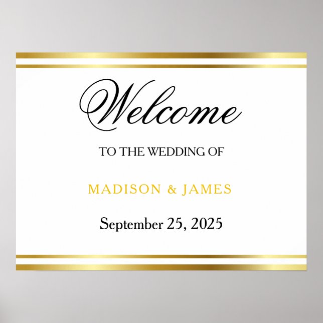 Póster Bienvenida de boda con letra dorada elegante moder (Frente)