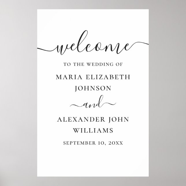 Póster Bienvenida de boda con letra script simple en blan (Frente)