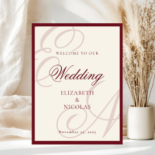 Póster Bienvenida de Boda con Monograma de Dinero Antiguo