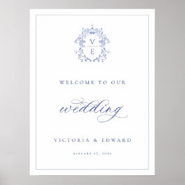 Póster Bienvenida de boda con monograma de la cresta azul