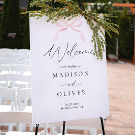 Póster Bienvenida de boda con monograma de lazo rosa mode