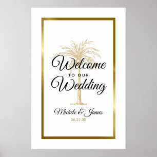 Póster Bienvenida de boda con palma de oro tropical