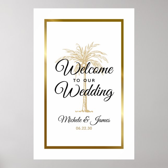 Póster Bienvenida de boda con palma de oro tropical (Frente)