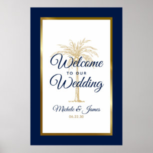 Póster Bienvenida de boda con palmera de oro azul marino