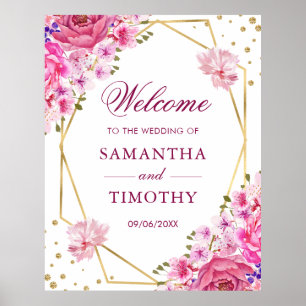 Póster Bienvenida de boda con rosas rosadas acuarela boho