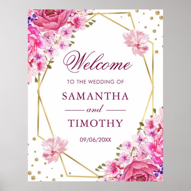 Póster Bienvenida de boda con rosas rosadas acuarela boho (Frente)