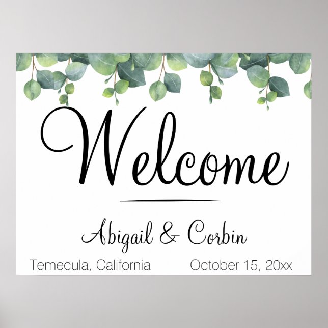 Póster Bienvenida de boda con vegetación de eucalipto (Frente)