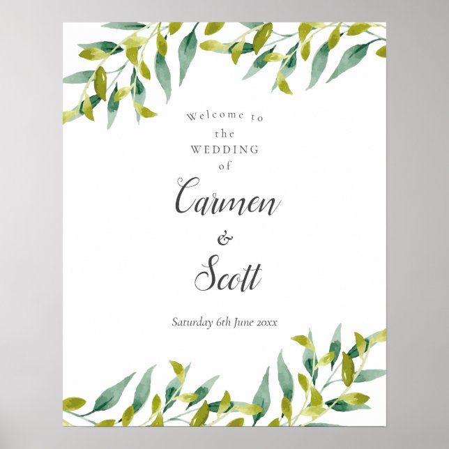 Póster Bienvenida de boda con vegetación de eucalipto de  (Frente)