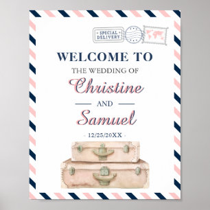Póster Bienvenida de boda de aerolínea de viaje mundial