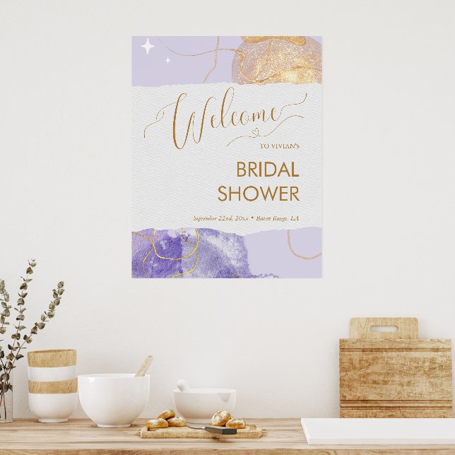 Póster Bienvenida de boda de agua púrpura dorada (Cocina)