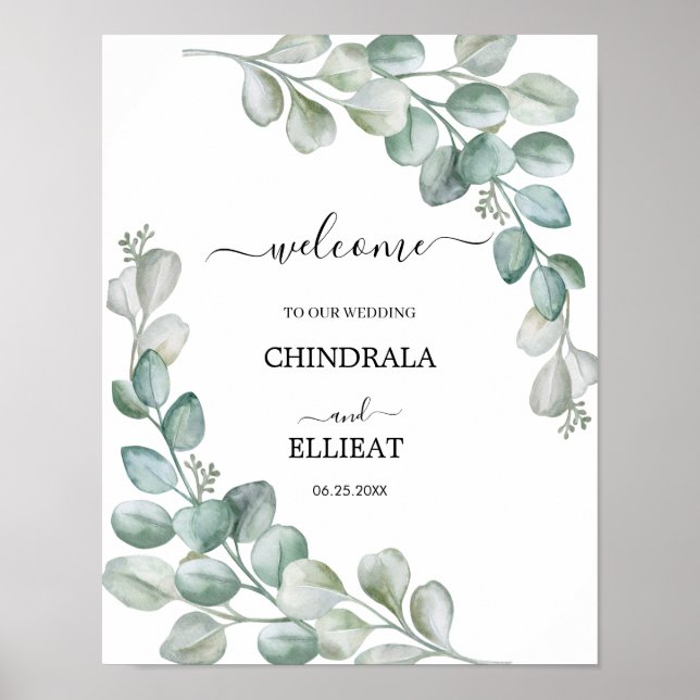 Póster Bienvenida de boda de eucalipto moderno (Frente)