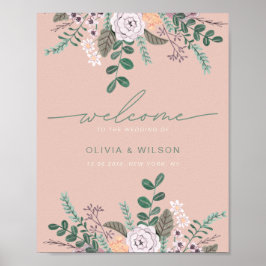 Póster Bienvenida de boda de eucalipto rosa floral