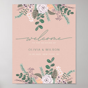 Póster Bienvenida de boda de eucalipto rosa floral