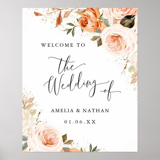 Póster Bienvenida de boda de flor de acuarela de otoño (Frente)