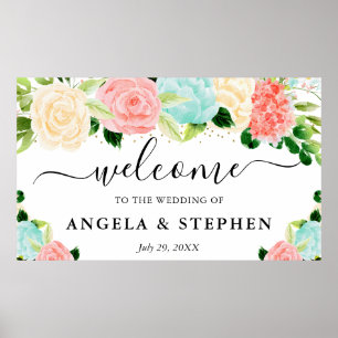 Póster Bienvenida de boda de flores boho rosadas y menta