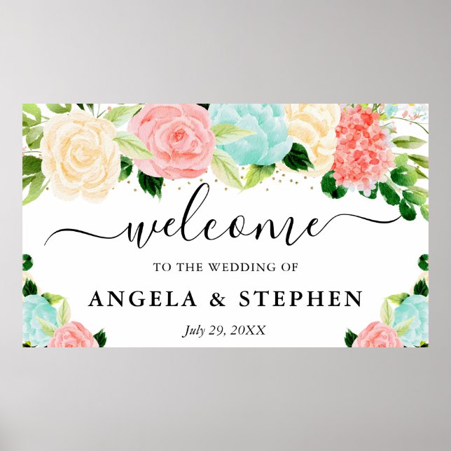 Póster Bienvenida de boda de flores boho rosadas y menta (Frente)