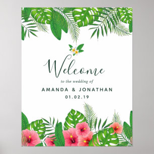 Póster Bienvenida de boda de follaje tropical acuarela