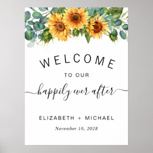 Póster Bienvenida de boda de girasol y eucalipto