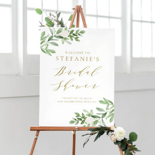 Póster Bienvenida de Boda de Greenery Flores Blancas Oro