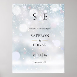 Póster Bienvenida de boda de invierno con monograma dorad