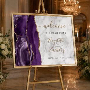 Póster Bienvenida de boda de mármol púrpura dorado ágata