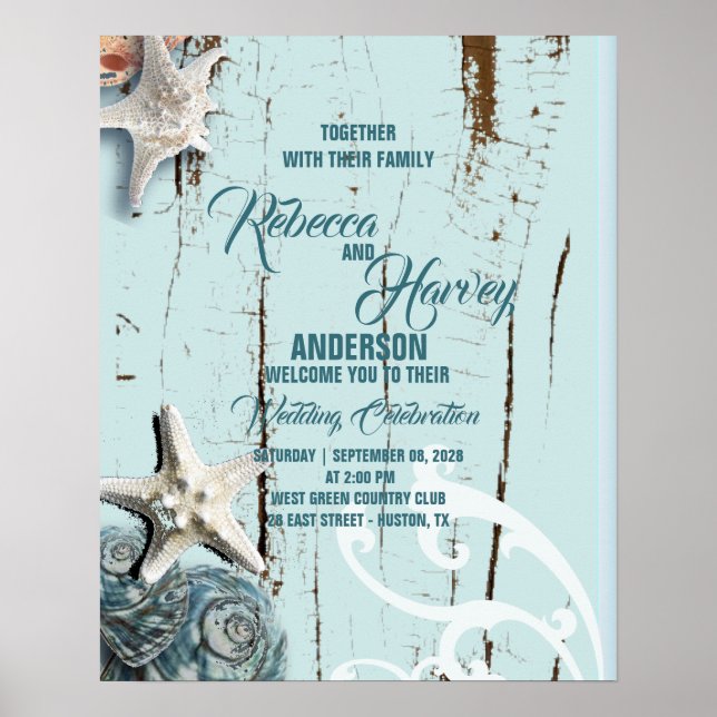 Póster bienvenida de boda de playa de concha de mar azul  (Frente)