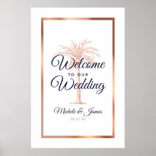 Póster Bienvenida de Boda del árbol de palma de oro rosa 