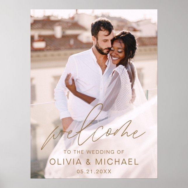 Póster Bienvenida de boda elegante con foto en guión mode (Frente)