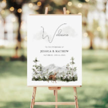 Bienvenida de boda en el bosque de pino de montaña