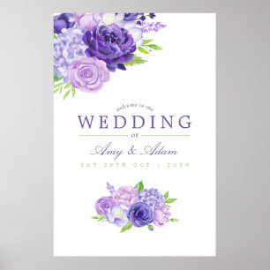Póster Bienvenida de boda floral acuarela violeta ultra