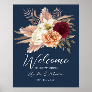 Póster Bienvenida de Boda Floral Azul Marino