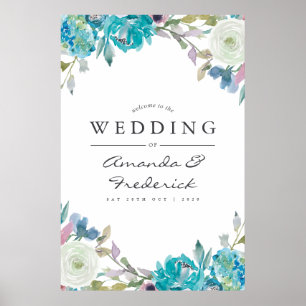 Póster Bienvenida de boda floral azul polvoriento y turqu