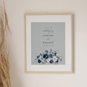 Póster Bienvenida de boda floral azul y marina - Gris azu