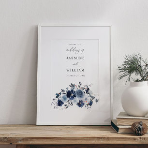 Póster Bienvenida de boda floral azul y marino
