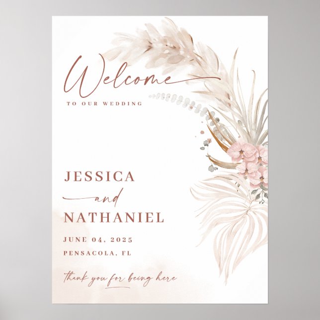 Póster Bienvenida de boda floral boho de hierba de las pa (Frente)