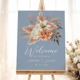 Póster Bienvenida de boda floral de durazno azul polvorie