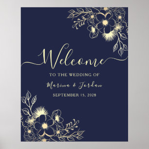 Póster Bienvenida de Boda Floral Dorado de la Marina
