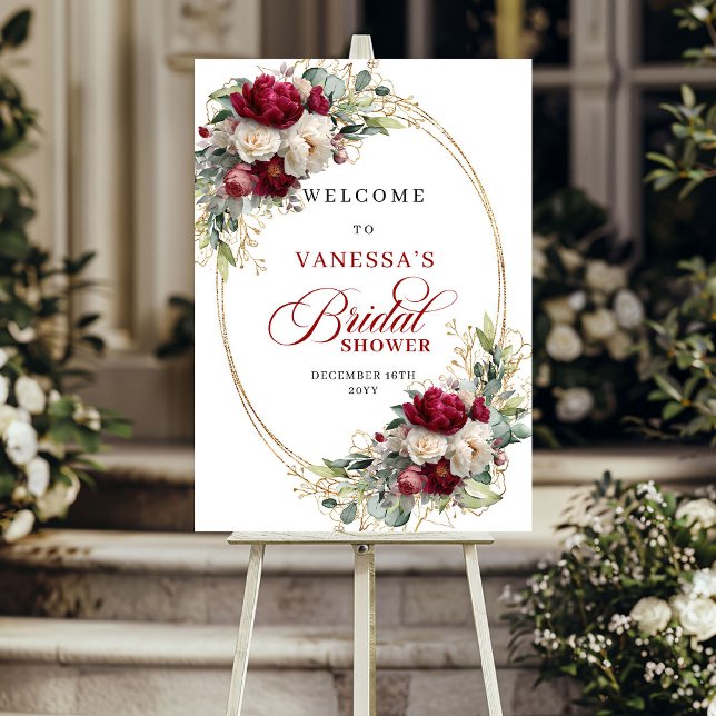 Póster Bienvenida de boda floral en burgundy chic con dor (Chic Burgundy Floral Gold Bridal Shover Welcome)