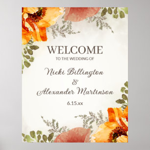 Póster Bienvenida de boda Floral Naranja Quemada Nombres