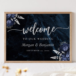 Póster Bienvenida de boda floral plateada azul marino