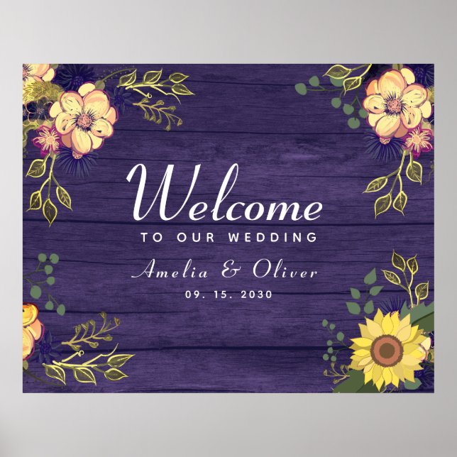 Póster Bienvenida de boda floral púrpura (Frente)