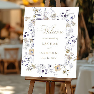 Póster Bienvenida de boda floral púrpura blanca dorada ro