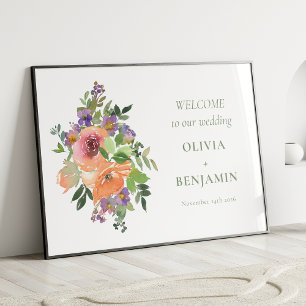 Póster Bienvenida de boda floral púrpura naranja boho