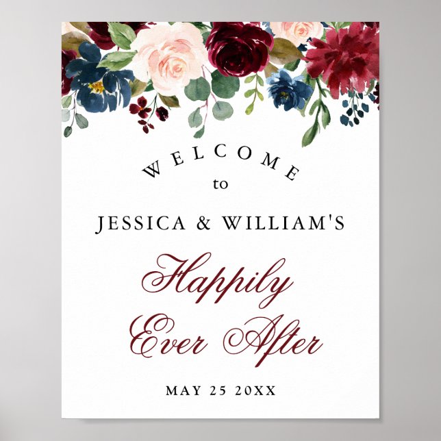 Póster Bienvenida de boda floral rosa naval de Borgoña (Frente)