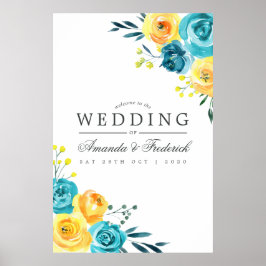 Póster Bienvenida de Boda Floral Turquesa y Amarillo